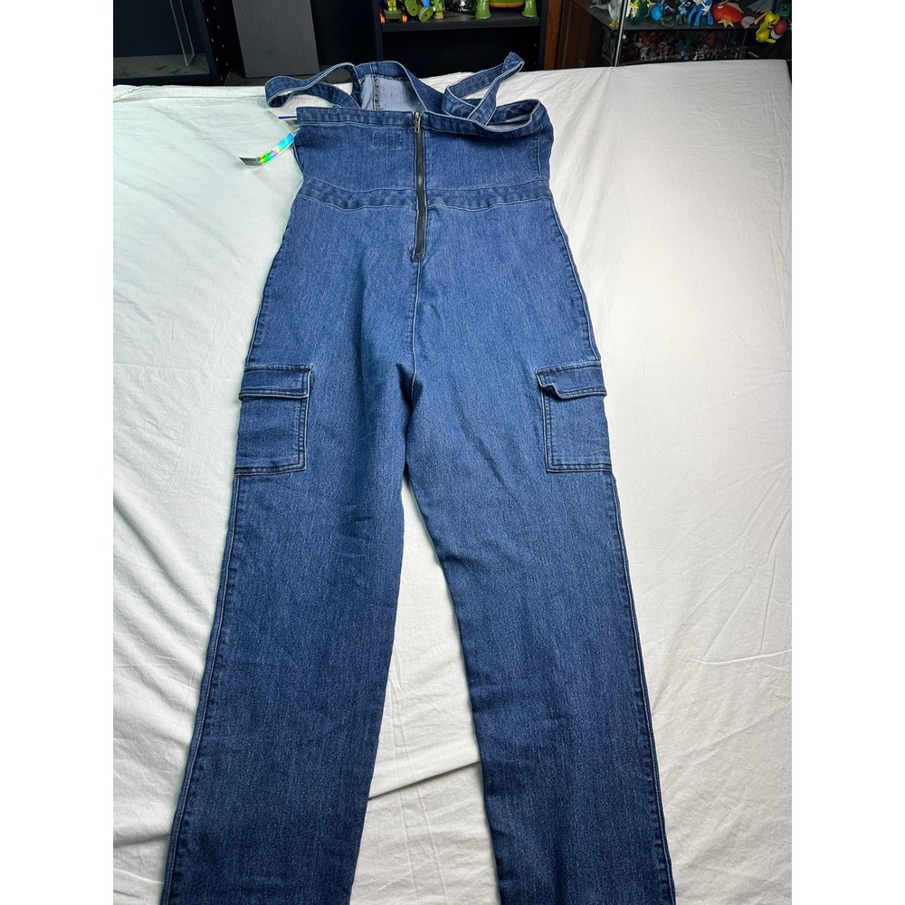 Tinsel Town Womens XL Denim Cargo Jumpsuit Medium Wash Back Zip Straight Leg